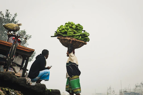 a man carrying a basket of bananas on his head