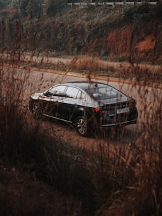 a black car driving down a road next to tall grass