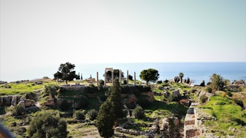 The image captures ancient ruins with stone structures and columns situated on a lush green landscape by the sea. Trees and bushes are scattered throughout the area, and the bright blue sea stretches into the horizon under a clear sky.