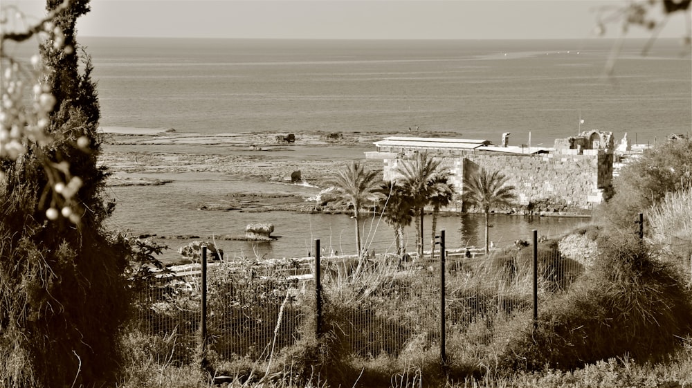 a black and white photo of a large body of water