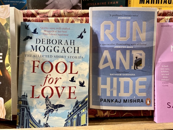Two books are displayed side by side on a wooden surface. The book on the left, titled 'Fool for Love' by Deborah Moggach, features a cover with illustrated birds flying over a building set against a sky-blue and white striped background. The book on the right, titled 'Run and Hide' by Pankaj Mishra, has a blue cover with large white letters and an image of a small figure walking towards snowy mountains.