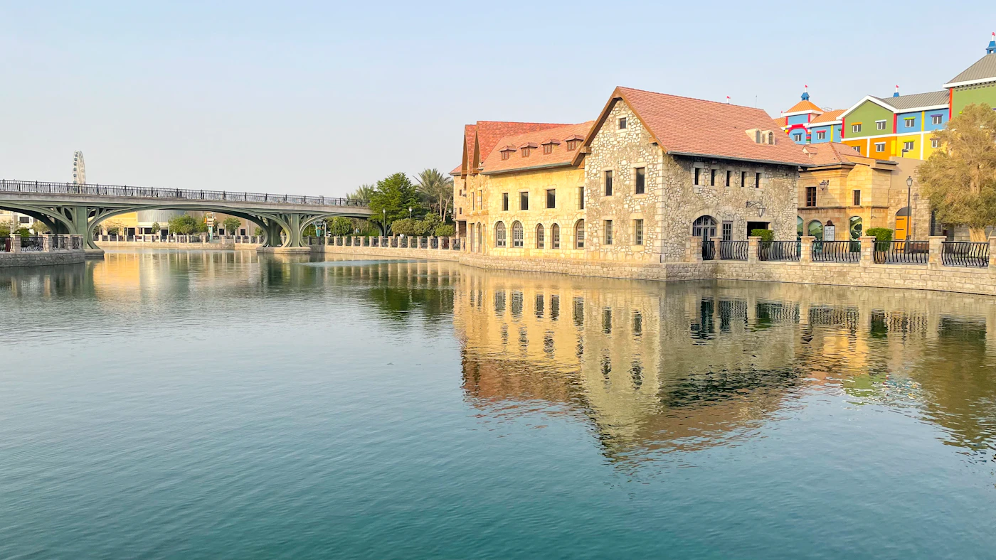 City waterway with bridge and buildings