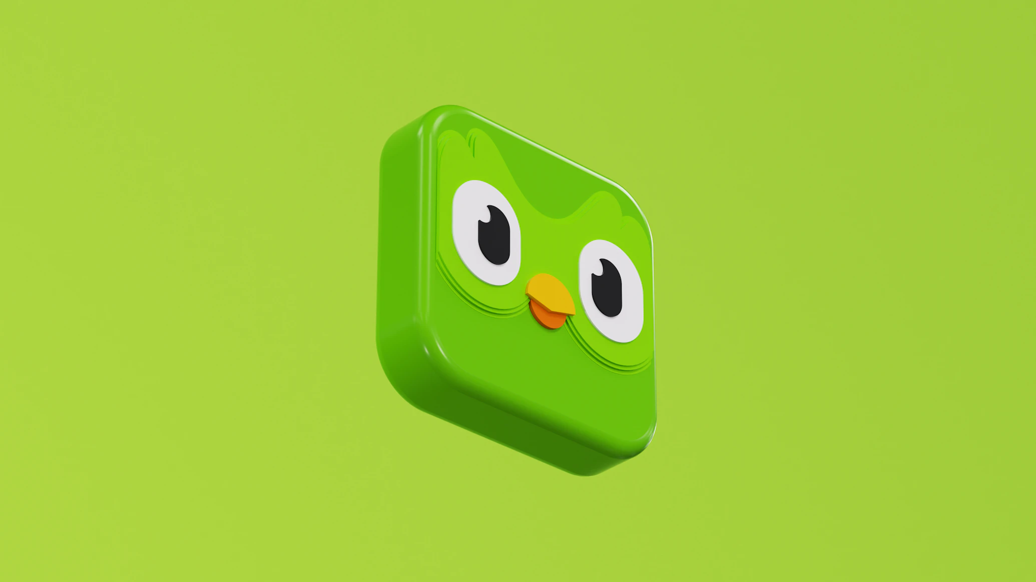A sleek robotic owl in Duolingo green removing human worker nameplates from a desk