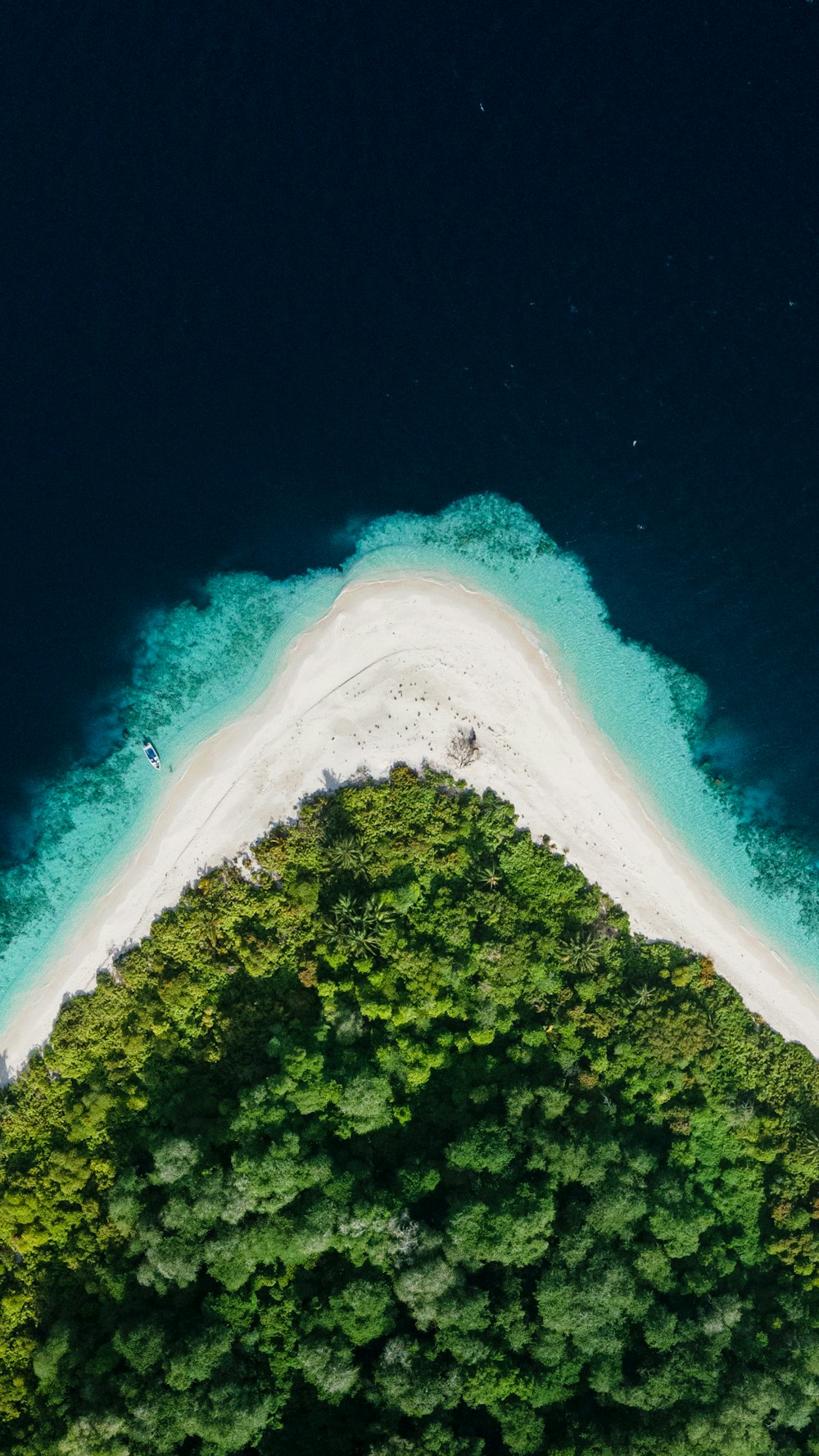 an aerial view of an island with a white sand beach
