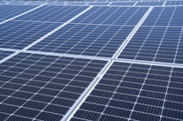A close-up view of a large array of solar panels, with a uniform pattern of dark blue photovoltaic cells arranged in a grid. The panels are lined with silver frames, reflecting sunlight and indicating a clear day.