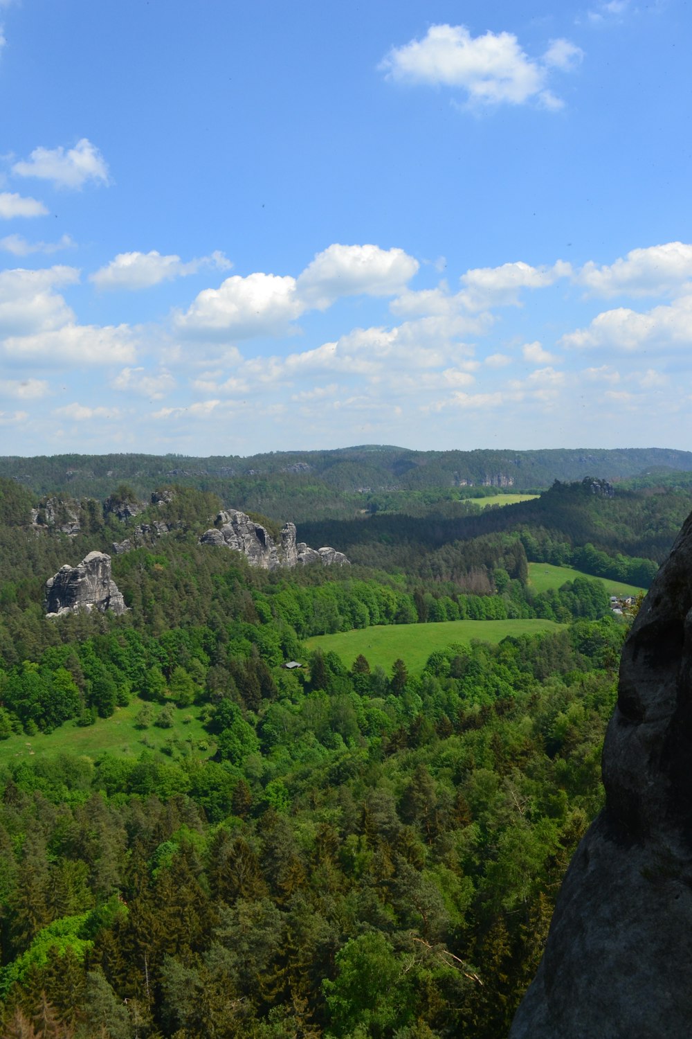 a view of a lush green valley from a high point of view