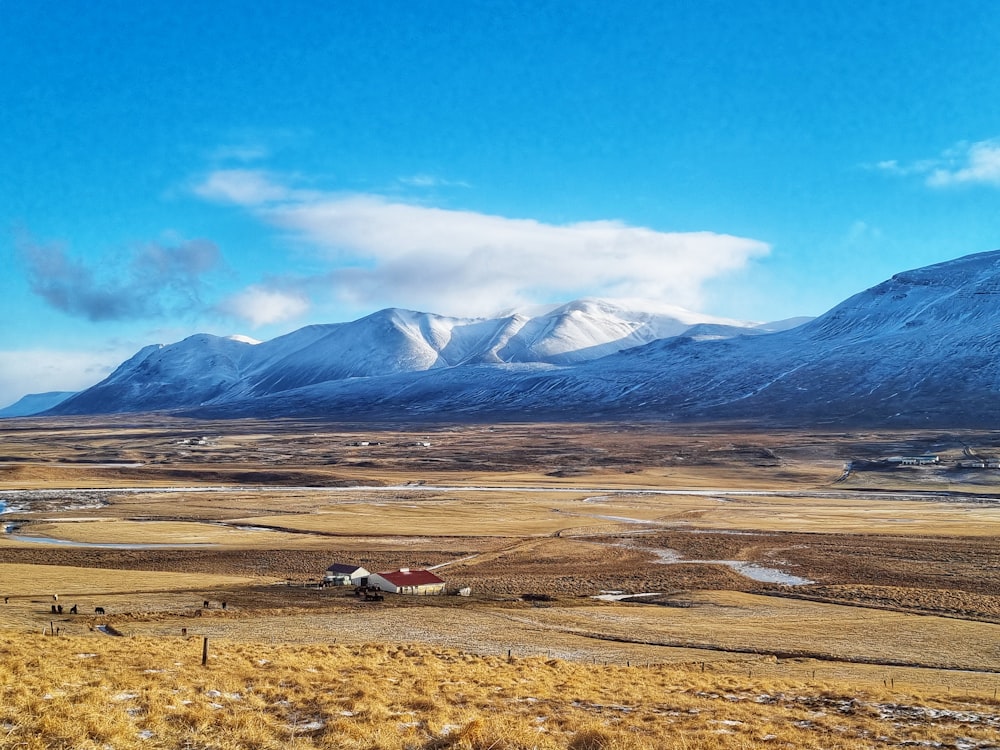 a large field with a house in the middle of it