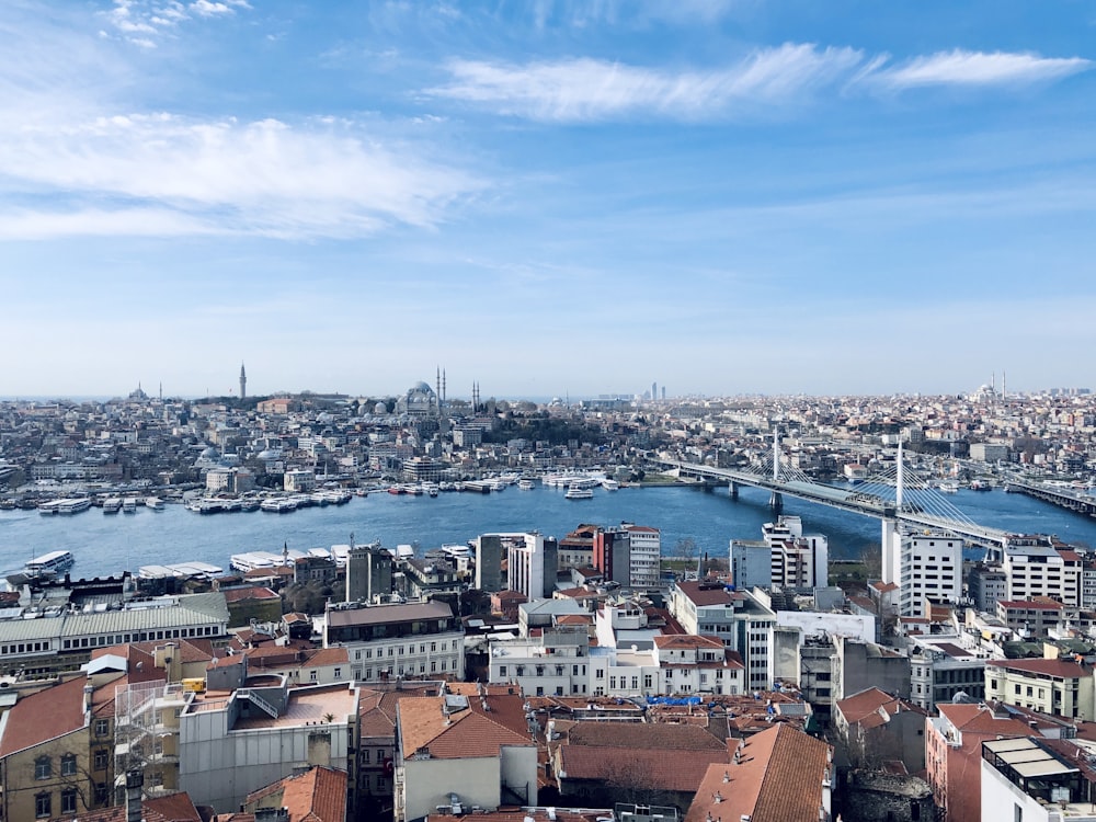 a view of a city with a bridge in the background