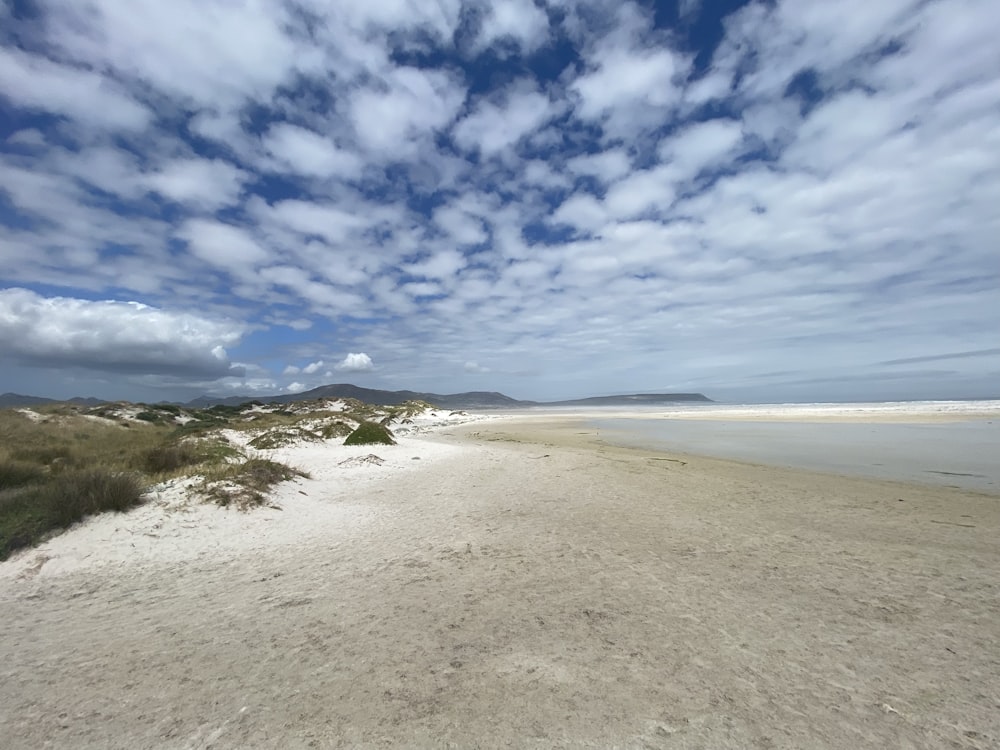 a sandy beach under a cloudy blue sky