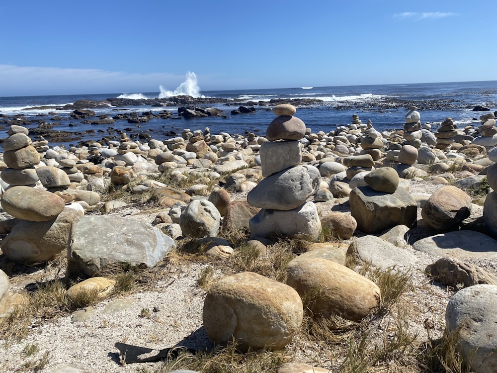 a bunch of rocks sitting on top of a beach