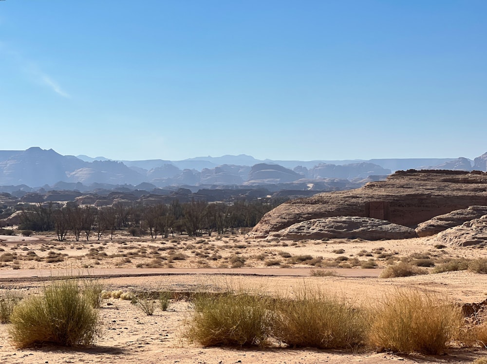 a desert landscape with mountains in the background