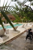 A serene swimming pool area with lounge chairs and tropical plants.