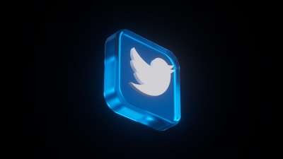 A 3D blue cube with a glowing outline featuring a white bird in flight, representing a social media logo, set against a dark background.
