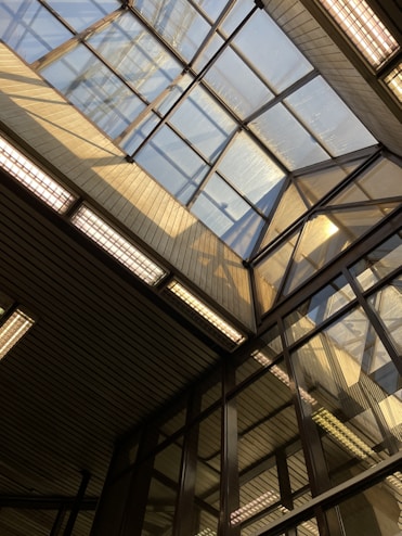 A structural view featuring a large glass ceiling with a geometric design. Sunlight streams through the glass, casting shadows and illuminating the surrounding area. The construction consists of metal and glass, creating a modern architectural aesthetic.