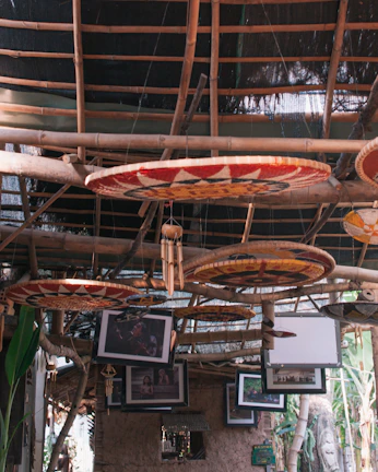 Eco-conscious bamboo and wicker décor pieces displayed in a serene natural setting.