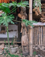 A wooden sculpture of two figures, one sitting on the shoulders of the other, stands beside a bamboo pole surrounded by various natural and handmade objects. The foreground features large green papaya leaves and a potted plant with some withered leaves. The background reveals hanging baskets and gourds, parts of wooden barrels, and artwork depicting traditional huts. The setting appears rustic and artisanal, with a focus on natural materials.