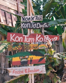 A collection of colorful wooden signs with various messages is displayed against a backdrop of lush green banana leaves. Each sign is uniquely painted, featuring messages such as 'Kon K Tu7k', 'Peace & Freedom', and a sign depicting a peace symbol with vibrant red, yellow, and green stripes. The signs are mounted on a wooden pole, giving a rustic, handmade appearance.