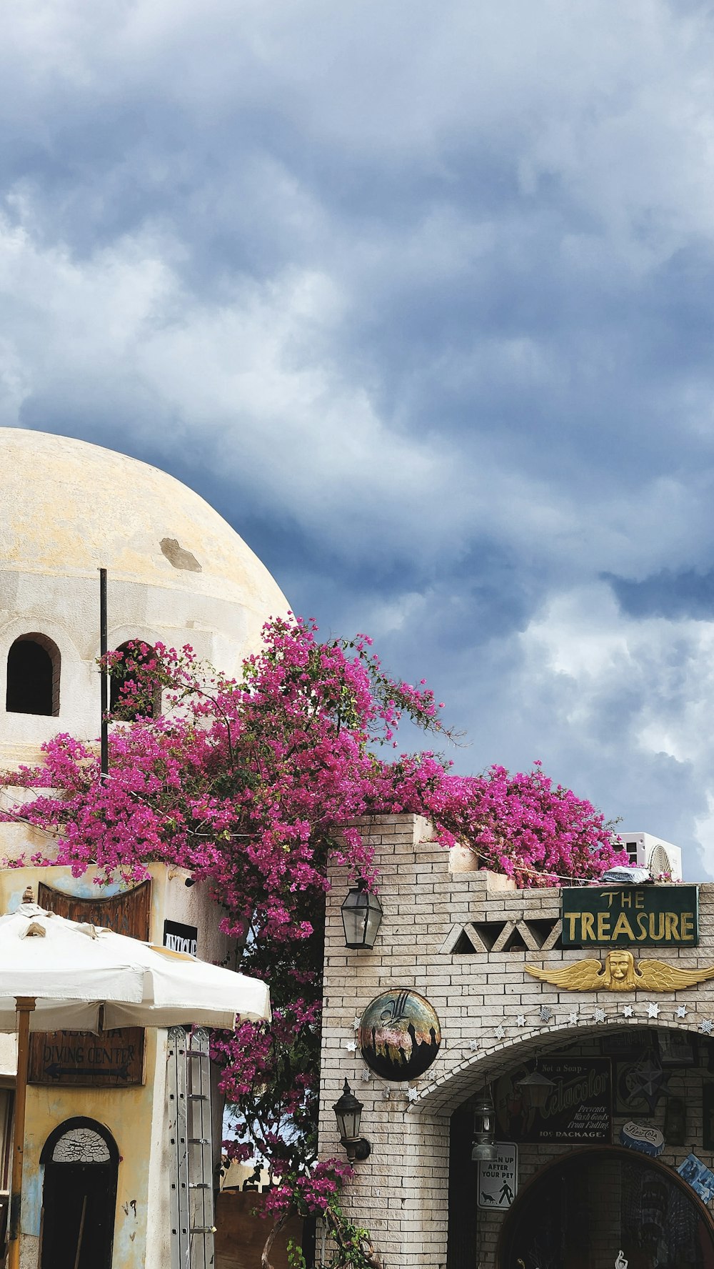 a building with pink flowers on the outside of it