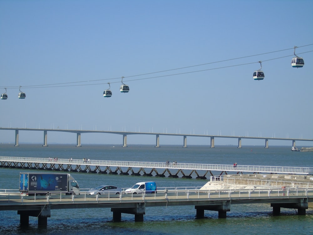 a cable car going over a bridge over a body of water