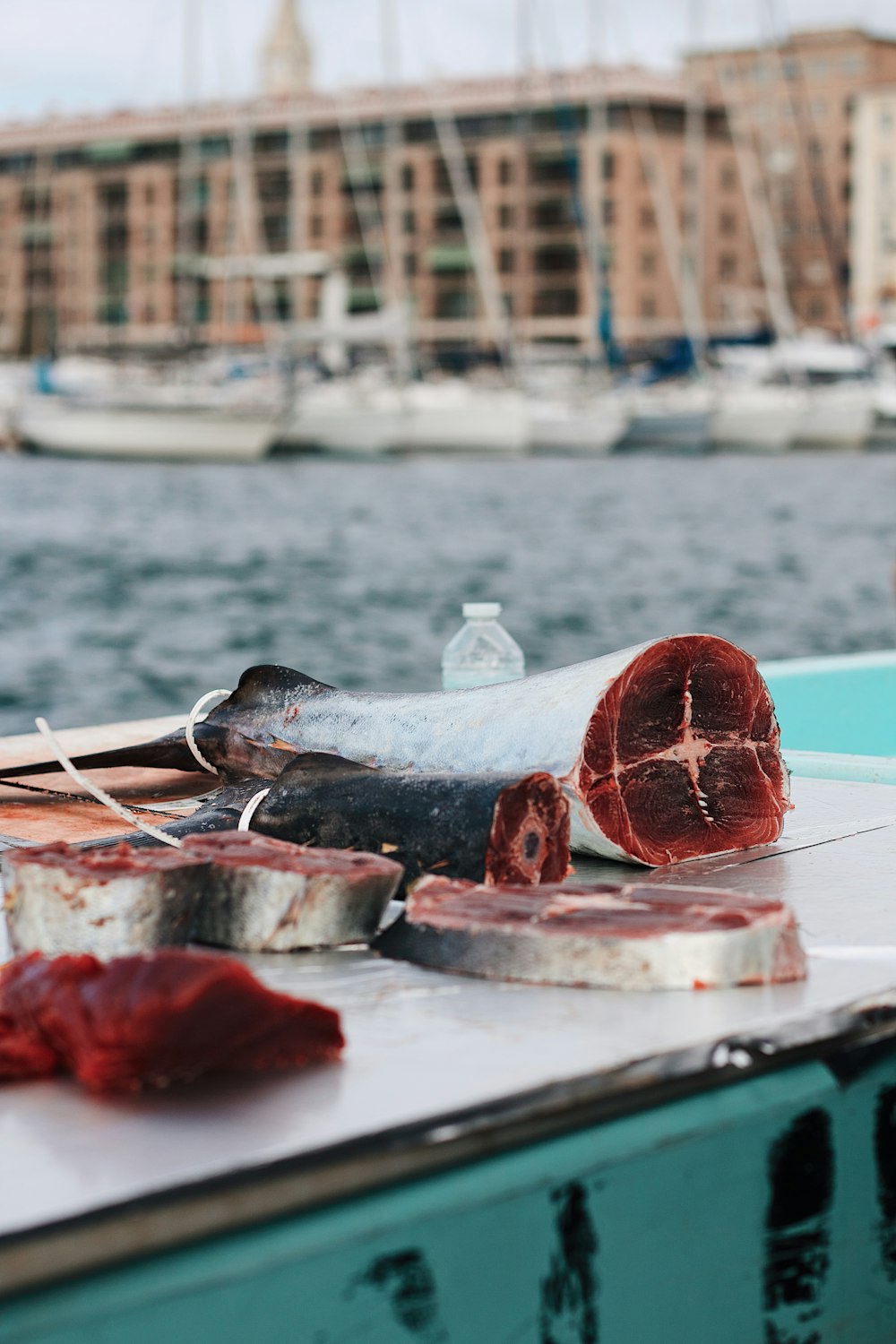 um pedaço de carne sentado em cima de uma mesa ao lado de um corpo de água