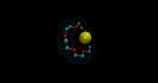 A 3D representation of an atom structure featuring a central yellow sphere surrounded by smaller light blue spheres connected via red rods. The spheres and rods form a network resembling electron paths or orbitals, all set against a dark background.