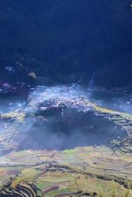 A village is nestled in a valley surrounded by dense forest on one side and terraced fields on the other. Mist lightly covers parts of the area, creating a serene and tranquil atmosphere. The fields are vibrant with various colors, indicating diverse crops or stages of growth.