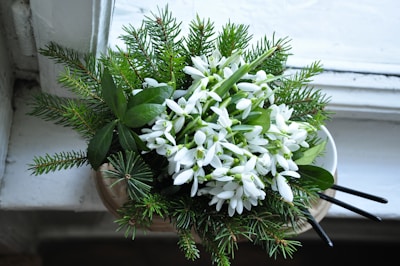 A cozy scene with a bouquet of mixed seasonal flowers on a windowsill dusted with snow.