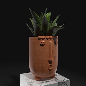 A decorative planter styled with a whimsical face design stands on a marble pedestal. It houses a green leafy plant with elongated leaves against a dark background.