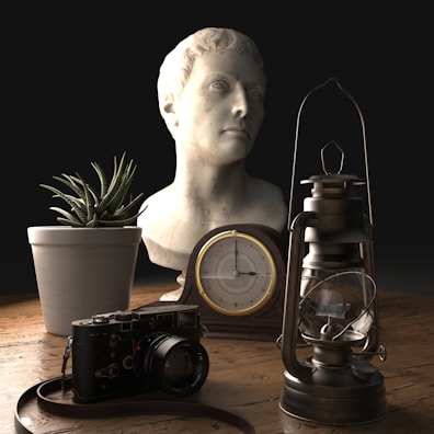 An artistic still life arrangement with various props.
