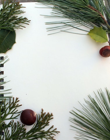A blank white page is bordered with pine branches, green leaves, and brown chestnuts arranged artistically on the edges.