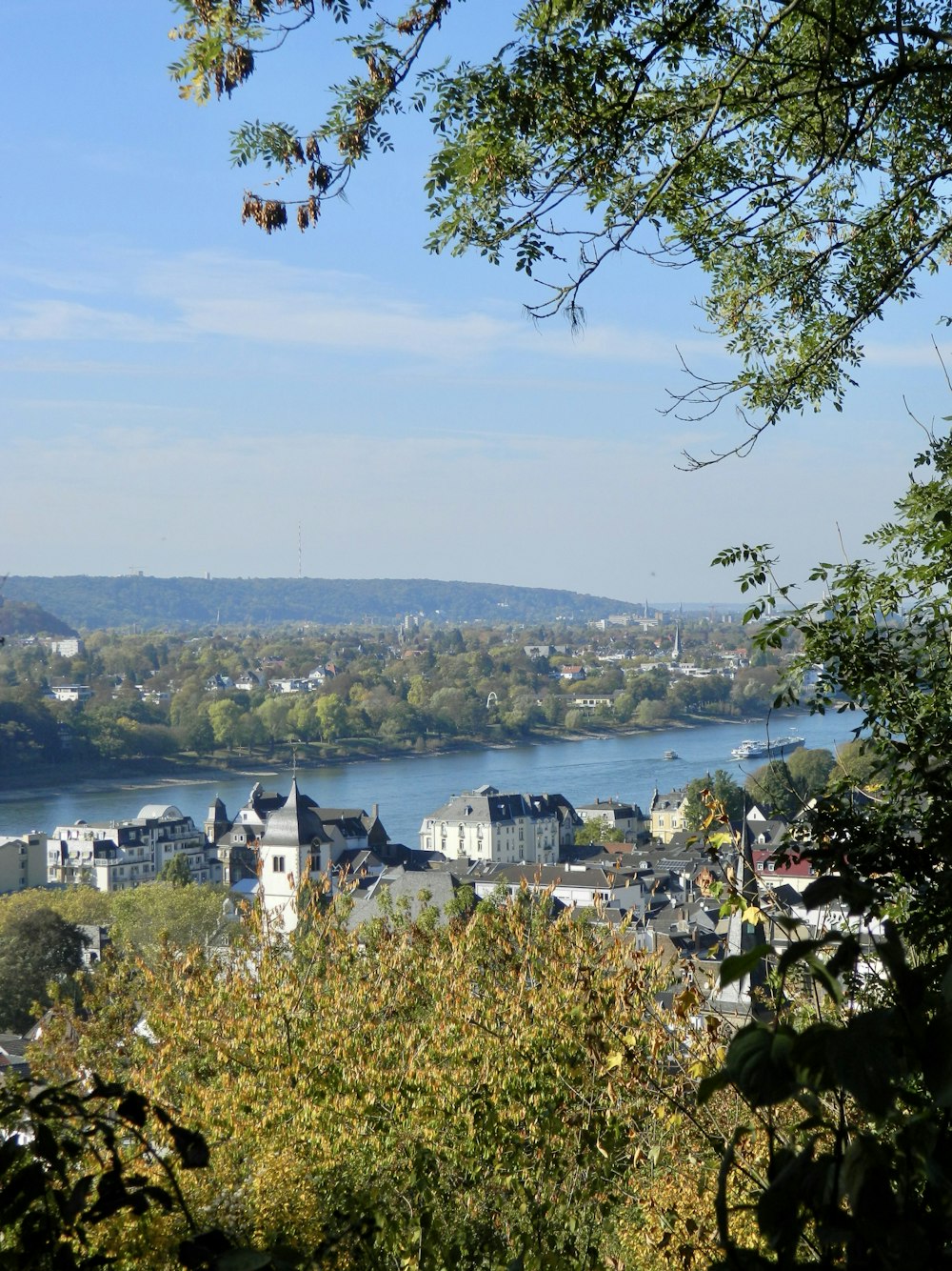 a view of a city with a lake in the background