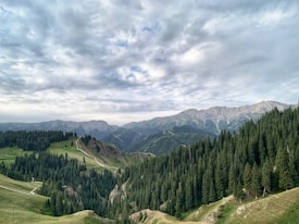 A vast landscape of lush green hills and dense coniferous forests sprawls across the scene. Majestic mountain ranges rise in the background under a partly cloudy sky, adding depth and grandeur to the view. A narrow, winding path traverses the hills, enhancing the scenic beauty of the natural landscape.