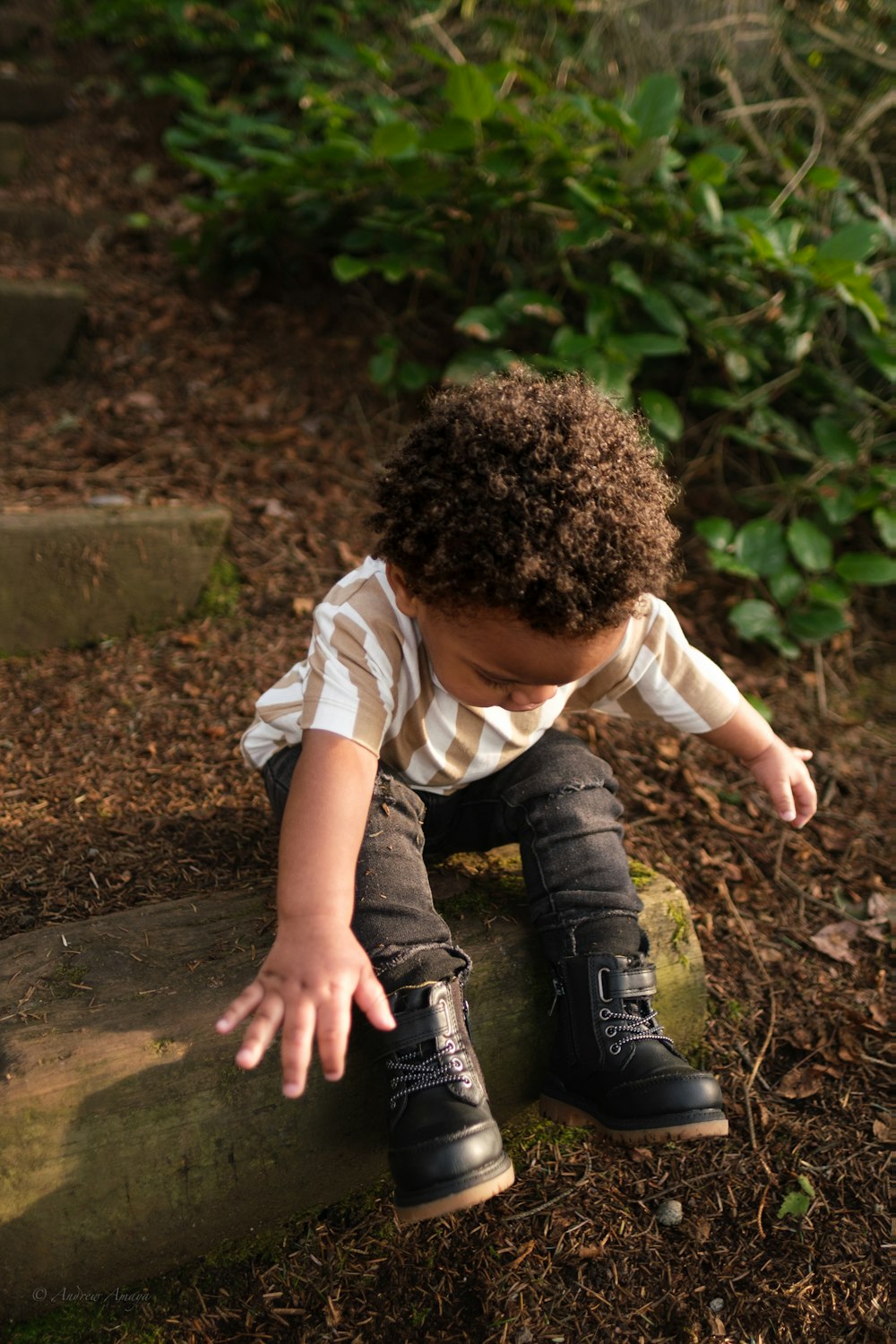 a young boy sitting on a log in the woods