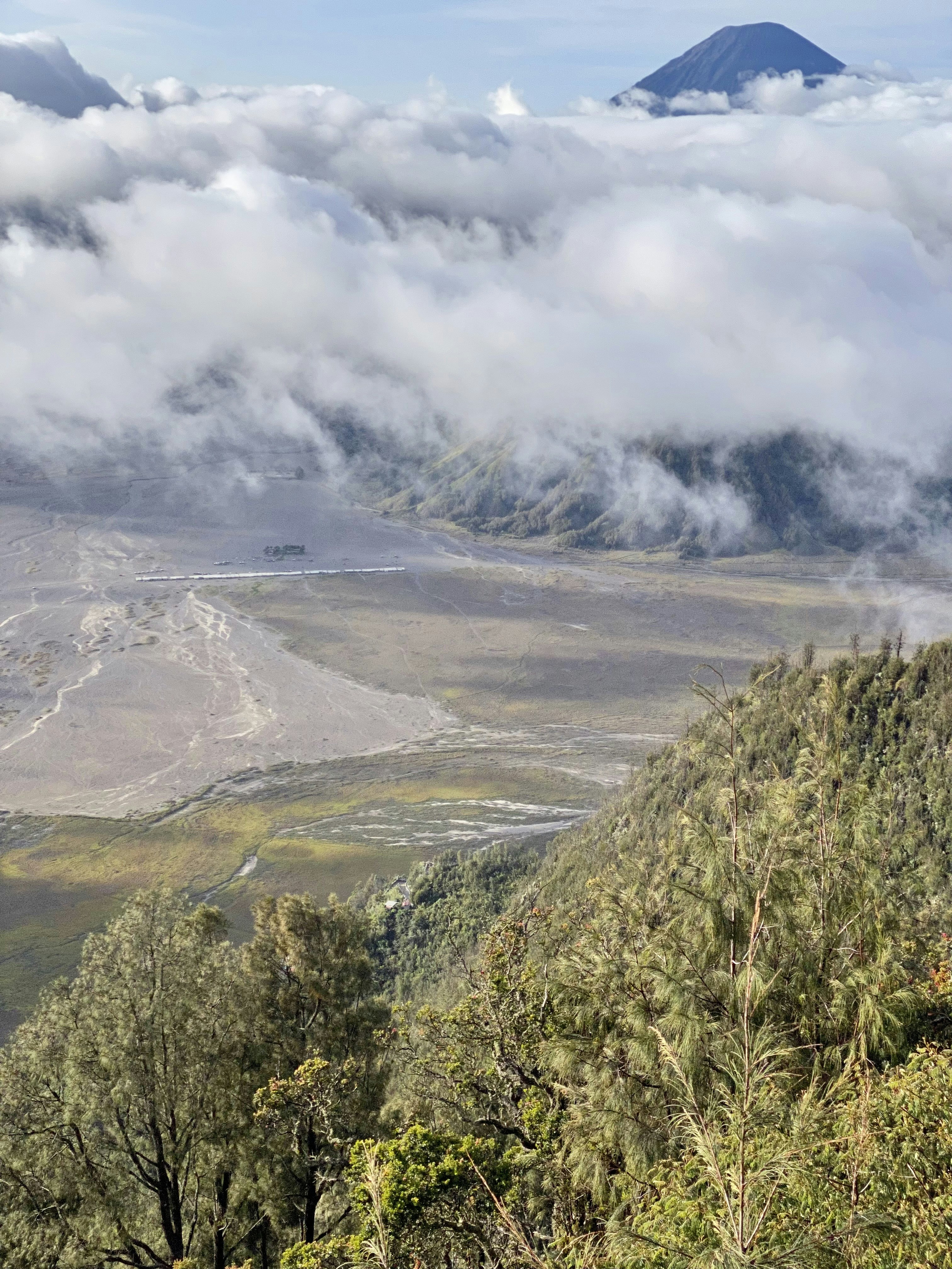 a view of a valley with a mountain in the background