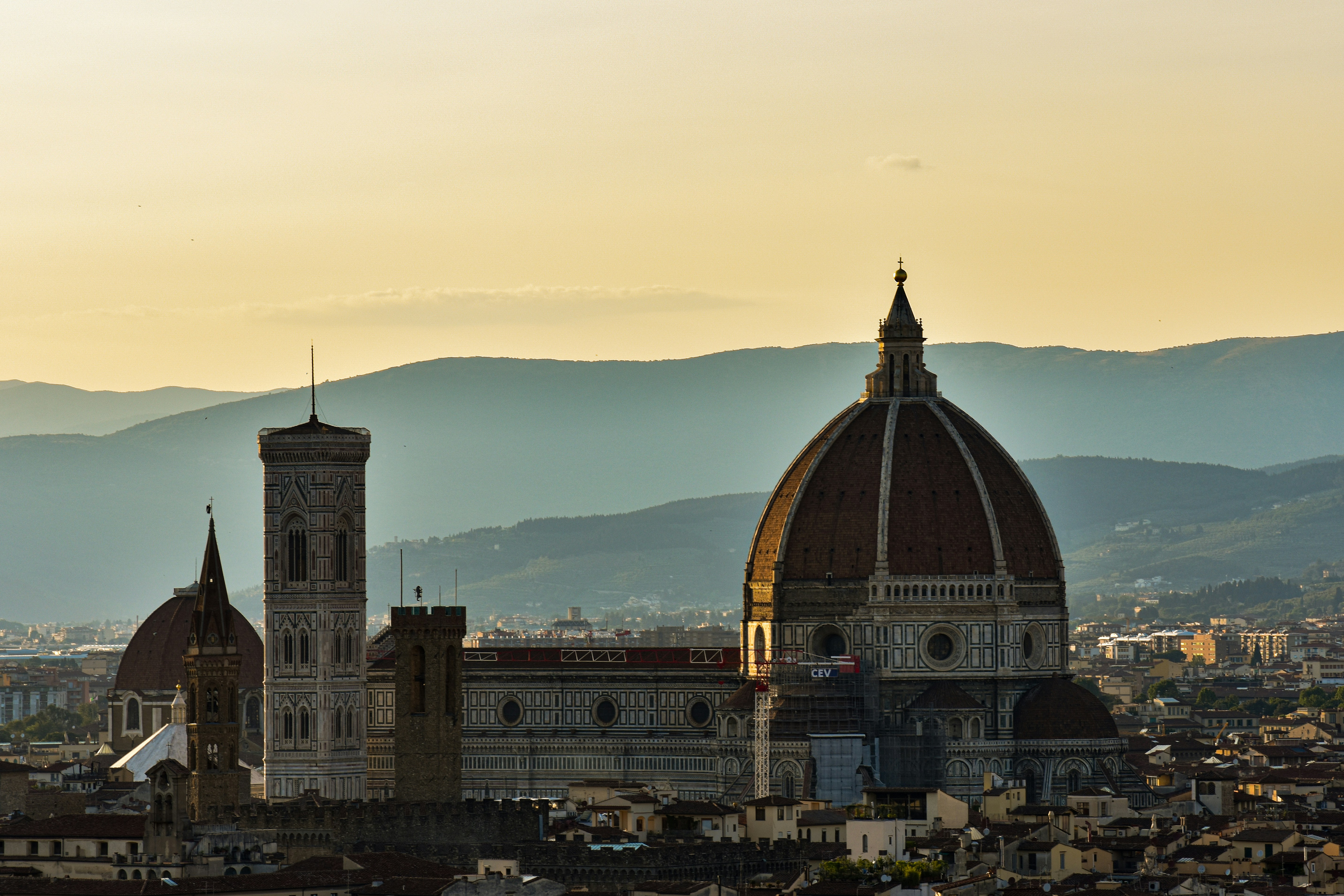 A view of a city with mountains in the background