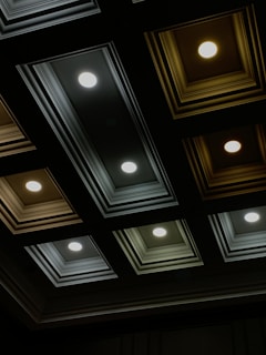 A ceiling featuring a grid of recessed lights embedded in rectangular, decorative paneling. The lights emit a warm, even glow, and the paneling frames them in dark and muted colors.