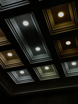 A ceiling featuring a grid of recessed lights embedded in rectangular, decorative paneling. The lights emit a warm, even glow, and the paneling frames them in dark and muted colors.