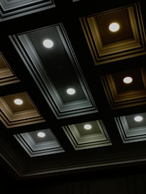 A ceiling featuring a grid of recessed lights embedded in rectangular, decorative paneling. The lights emit a warm, even glow, and the paneling frames them in dark and muted colors.