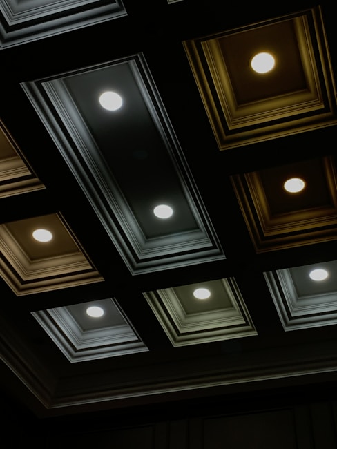 A ceiling featuring a grid of recessed lights embedded in rectangular, decorative paneling. The lights emit a warm, even glow, and the paneling frames them in dark and muted colors.