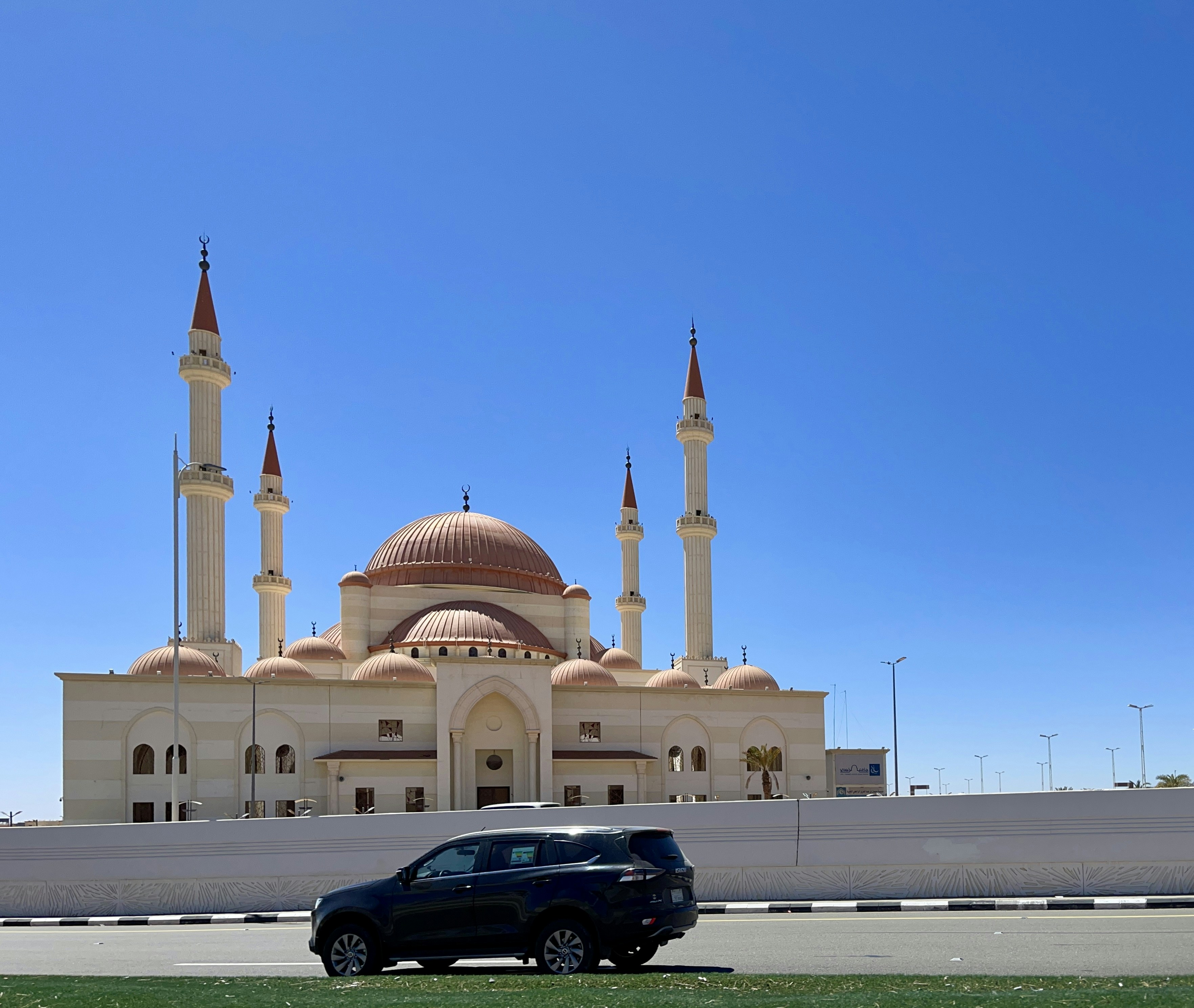 a car is parked in front of a large building