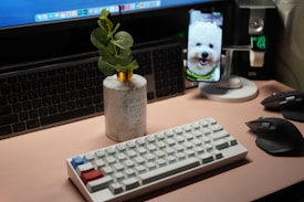 A neatly arranged desk setup features a computer screen with a keyboard in front of it. A stylish diffuser with green leaves adds a touch of nature, while a smartphone displaying a cheerful dog photo rests on a stand beside it. The setup includes a mouse and a smartwatch dock.
