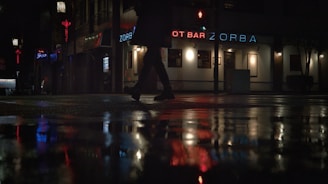 A dimly lit urban scene showing a wet street at night. A person is walking past a neon-lit bar called Zorba, with reflections of the signage and lights visible on the wet pavement. Additional neon signs and a few lit windows add to the ambiance of the empty street.