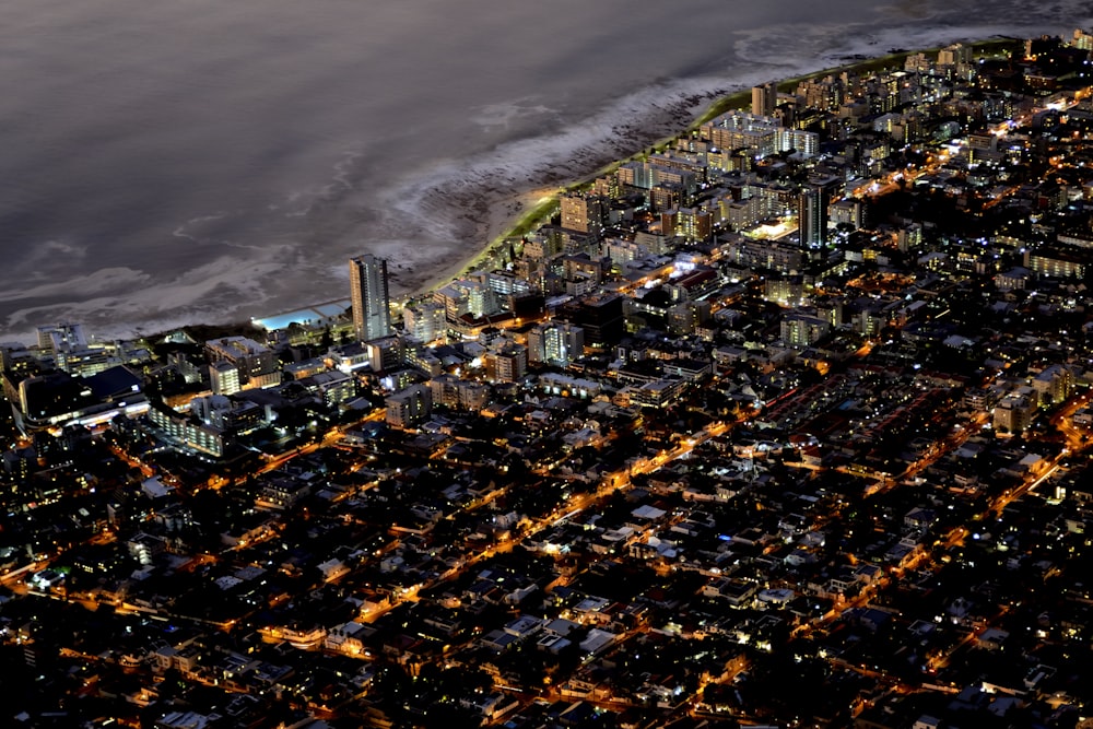 an aerial view of a city at night