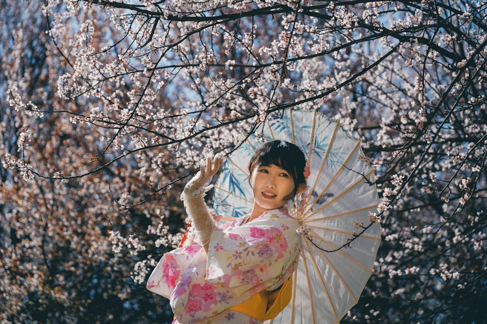 a woman in a kimono holding an umbrella