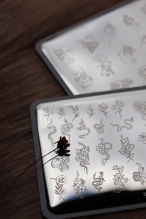 A close-up of two metallic plates with intricate engravings featuring various patterns such as snakes, flowers, and leaves. The plates are positioned at an angle, capturing reflections on their shiny surfaces. A small dried flower lays on one of the plates, creating a focal point against the smooth metal.