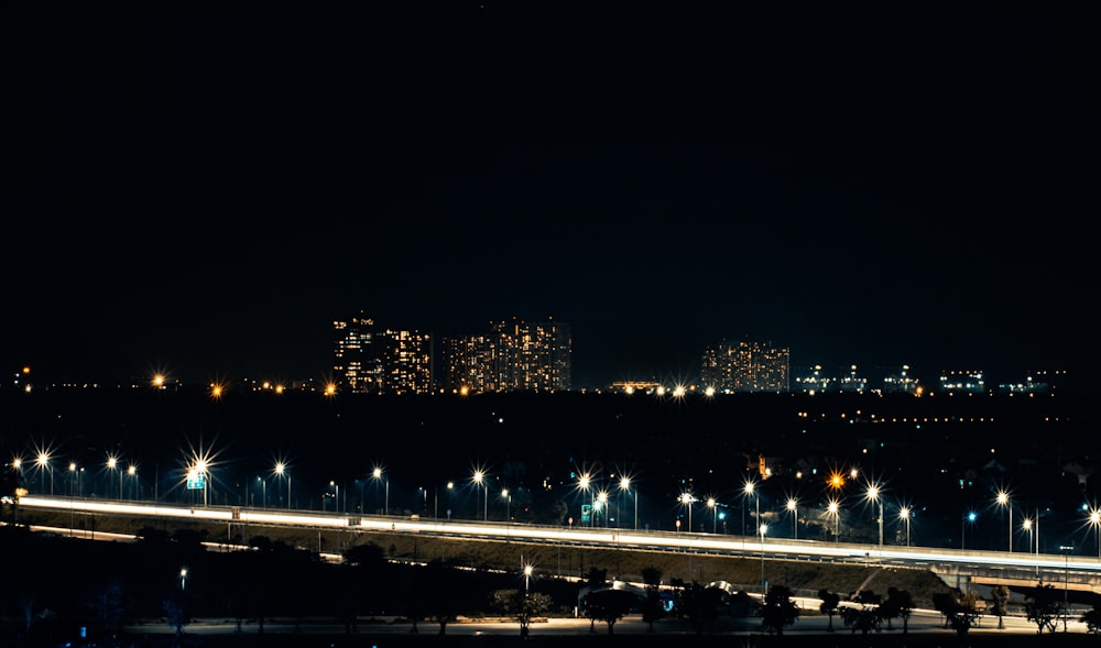 a night time view of a city with lights