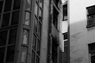 Monochrome image of a classic townhouse facade with deep shadows emphasizing its architectural details.