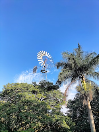 A vibrant windmill spinning gently against a clear blue sky, symbolizing clean energy.