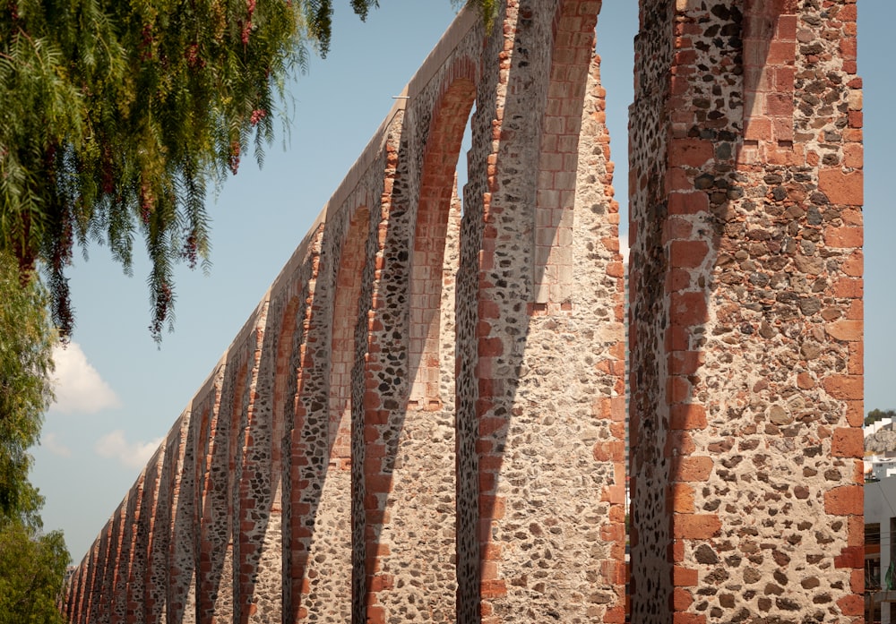 a row of stone pillars next to a tree