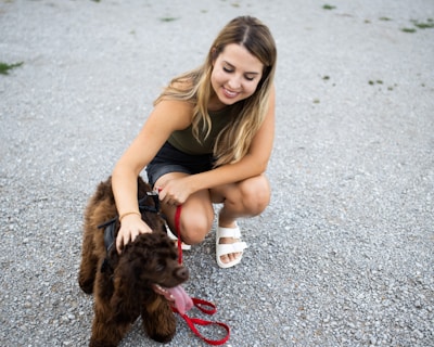 A smiling pet owner greeting their dog after a reliable and caring walk.